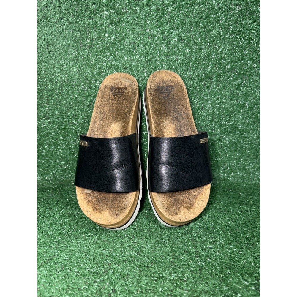 Reef Sandals Womens Size 8 Cushion Scout Hi Brown Black Leather Beach Slides - Picture 5 of 9
